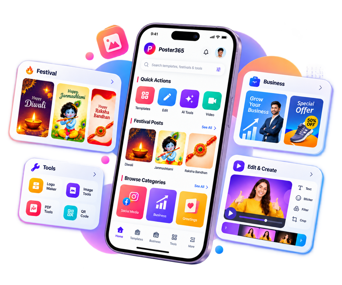 Poster365 editor preview with templates, AI caption and HD export